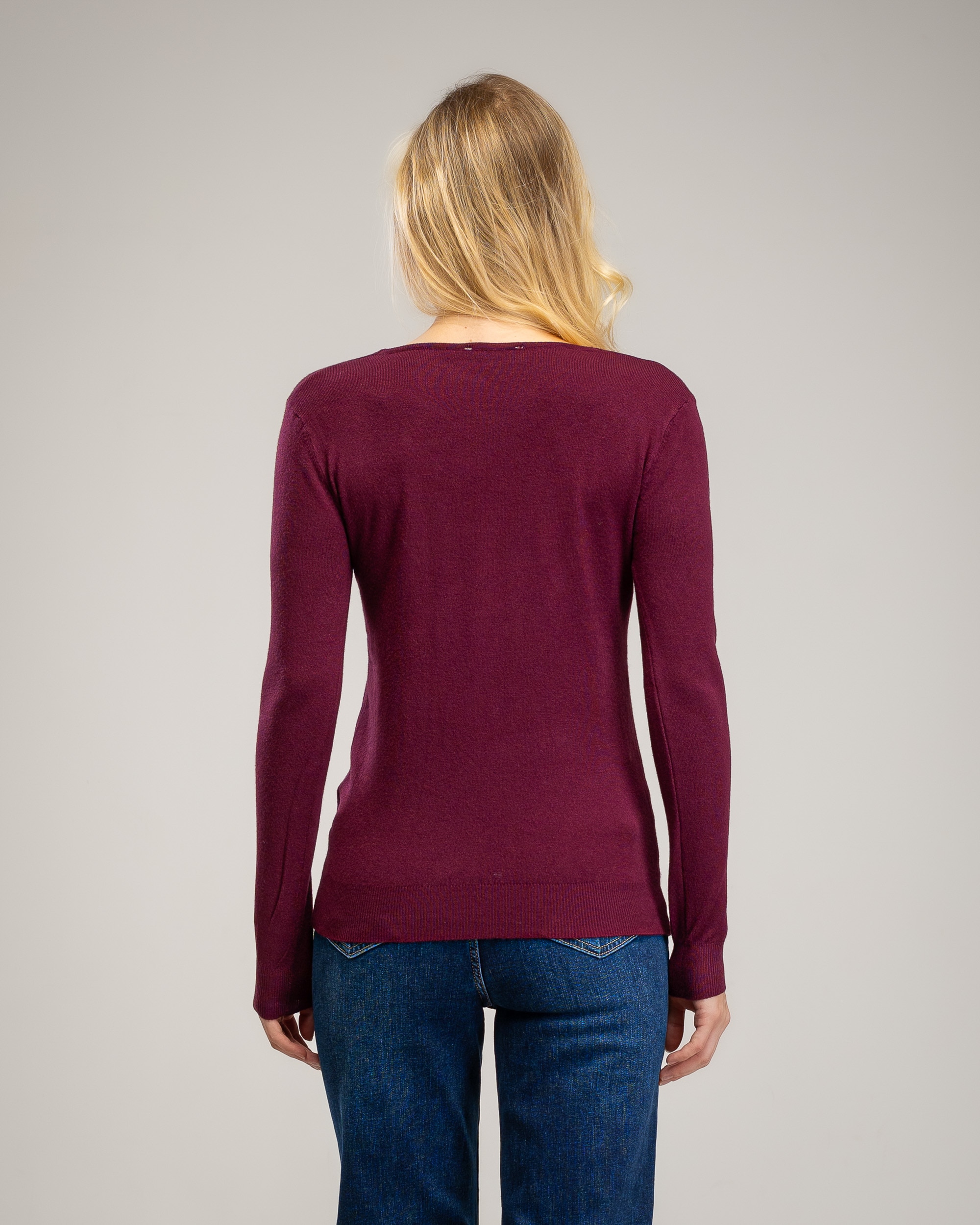 Jersey de punto fino de mujer con cuello pico - Tantra - Burdeos Burdeos-2