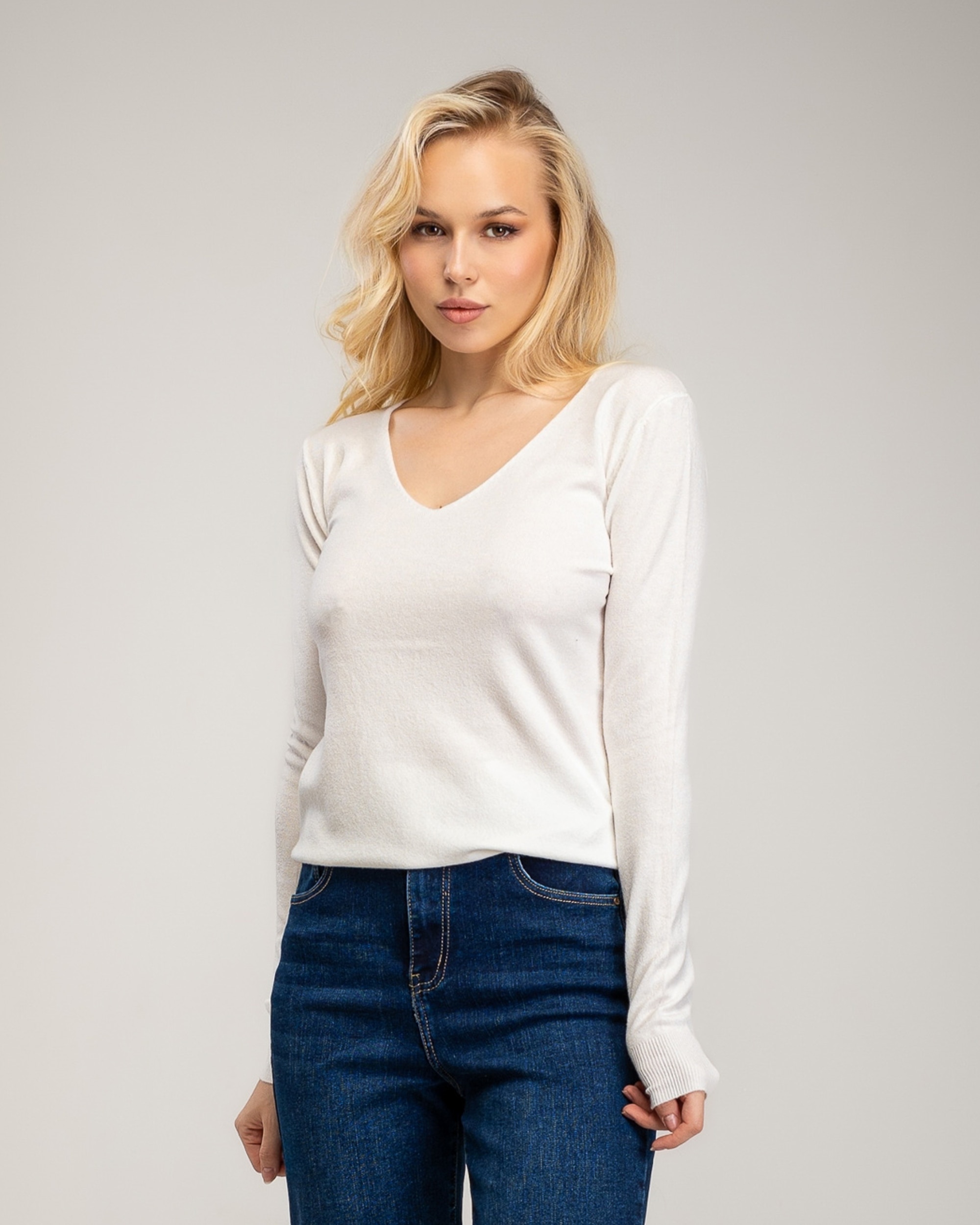 Jersey de punto fino de mujer con cuello pico - Tantra - Blanco Blanco-1