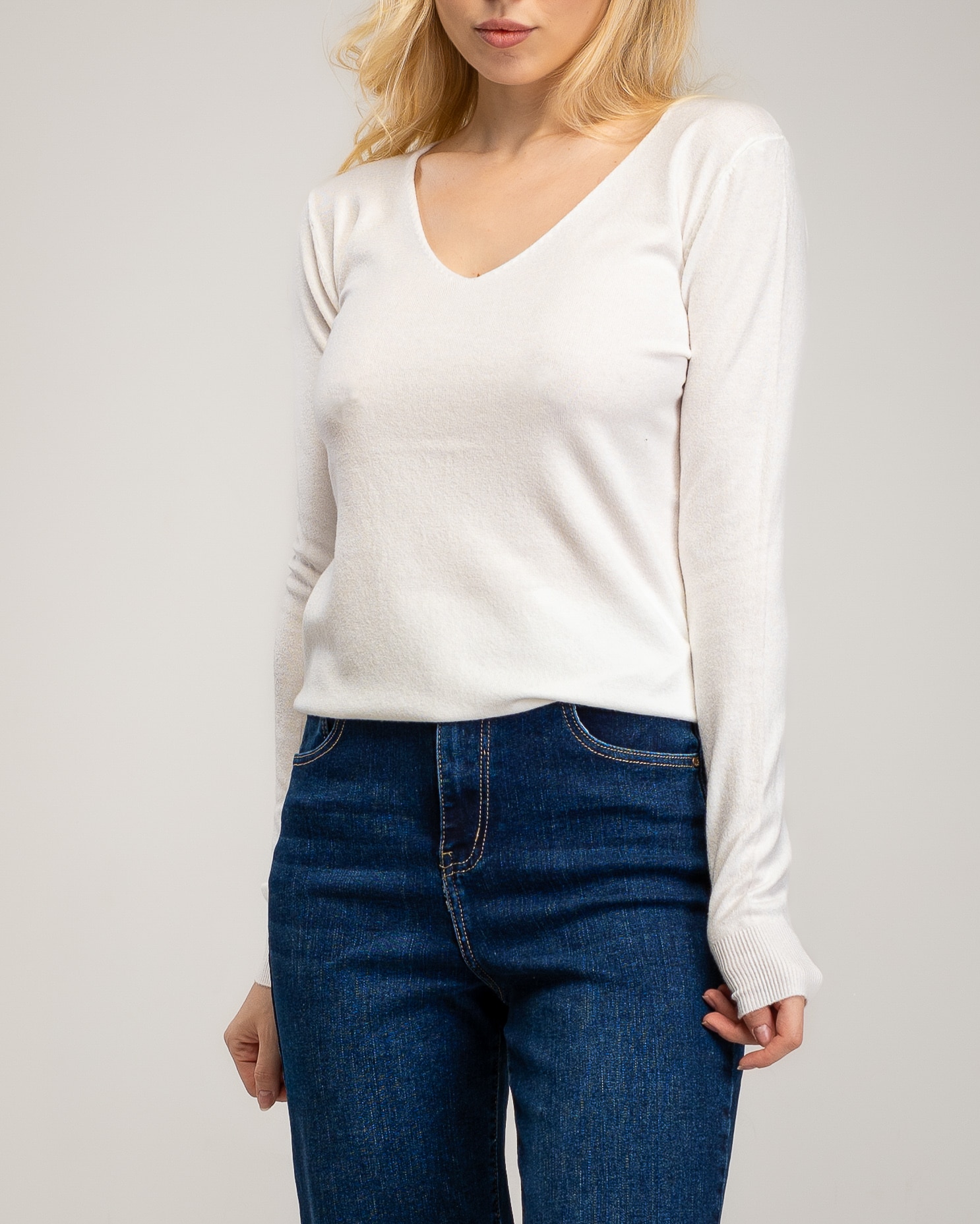 Jersey de punto fino de mujer con cuello pico - Tantra - Blanco Blanco-3