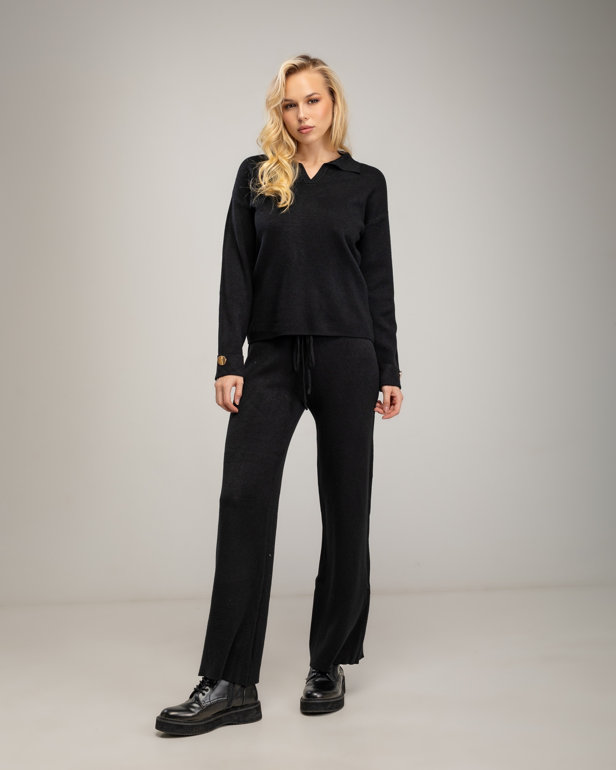Conjunto de punto fino de mujer con jersey de cuello tipo polo y pantalon - Tantra - Negro Negro-1