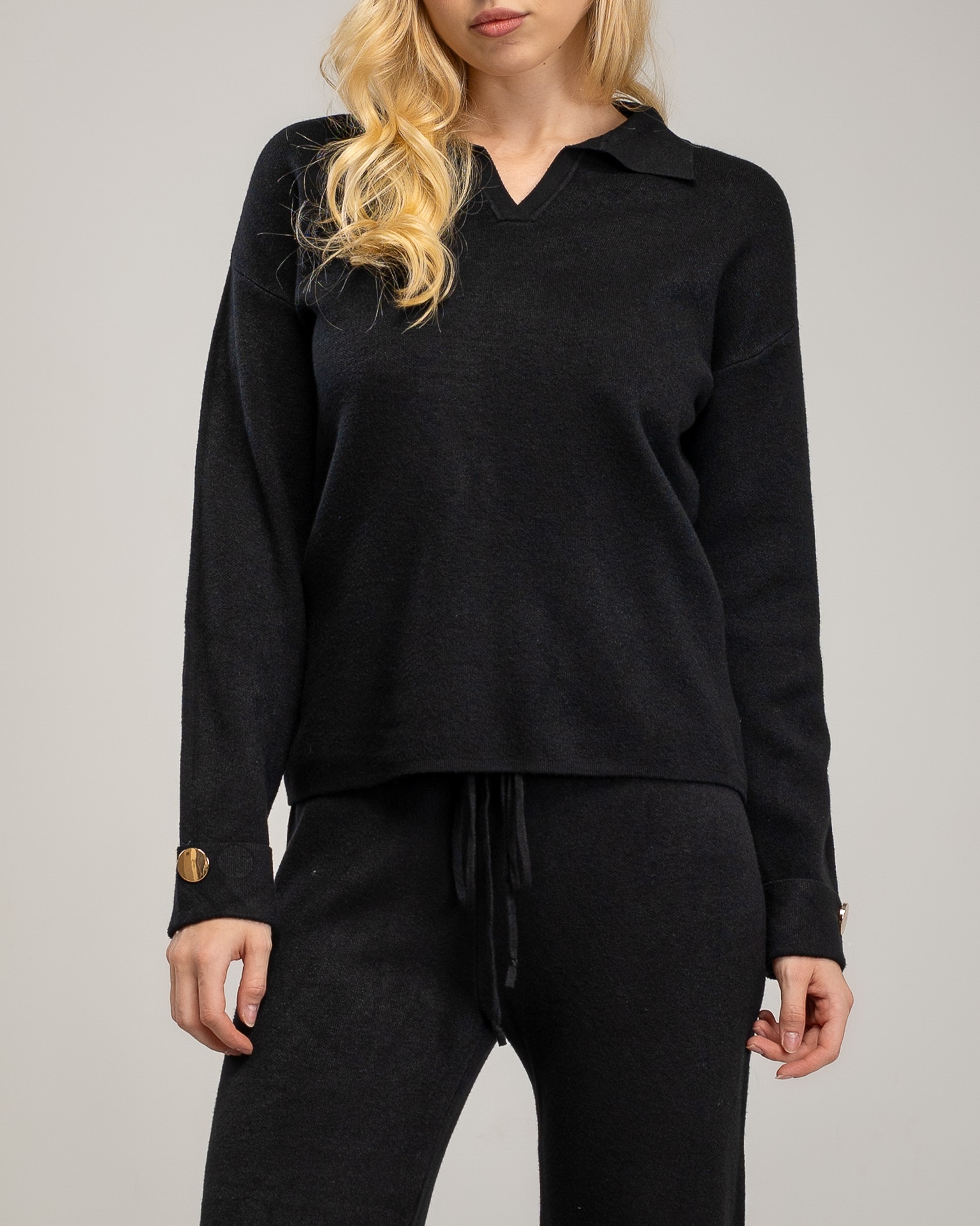 Conjunto de punto fino de mujer con jersey de cuello tipo polo y pantalon - Tantra - Negro Negro-3