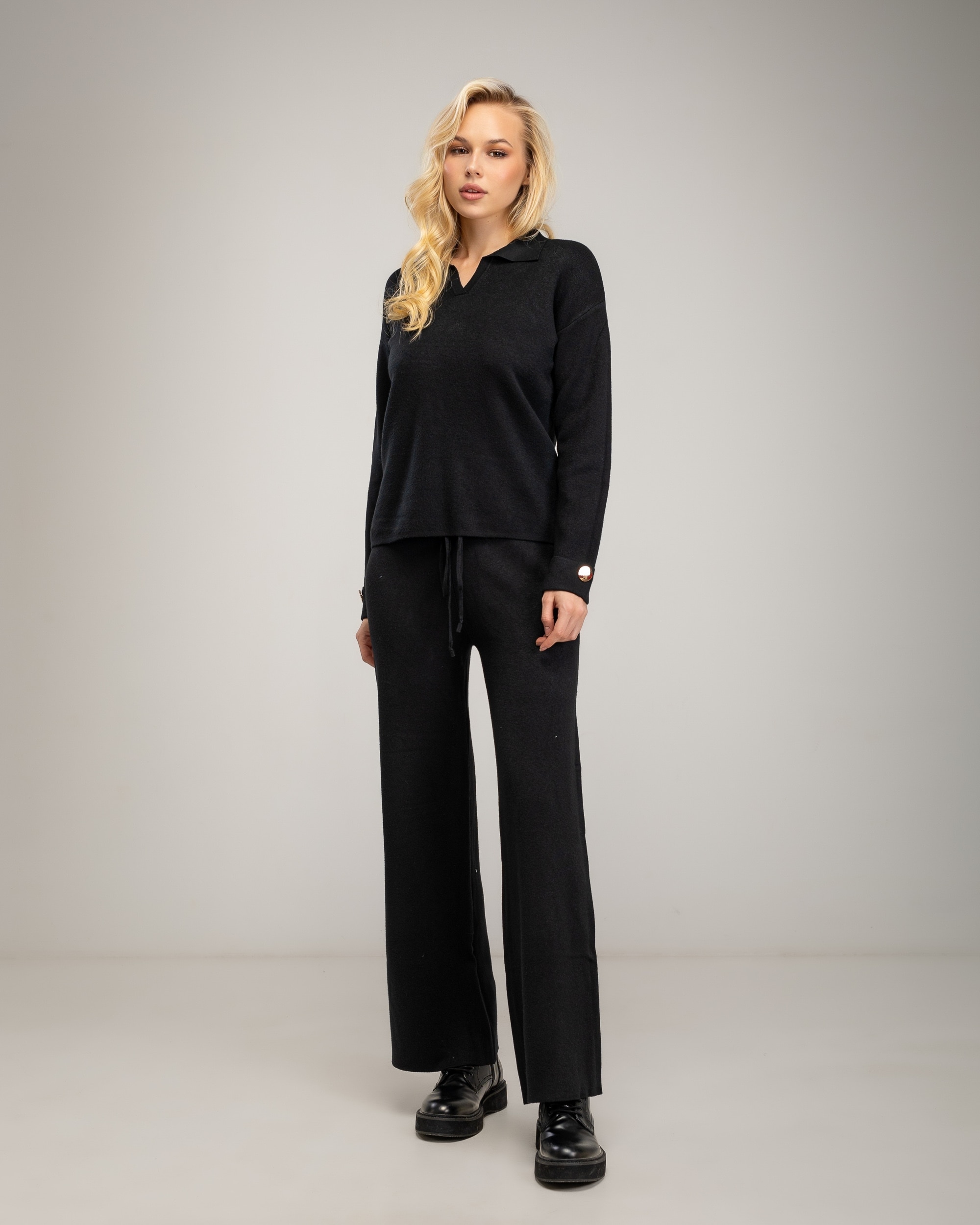 Conjunto de punto fino de mujer con jersey de cuello tipo polo y pantalon - Tantra - Negro Negro-4