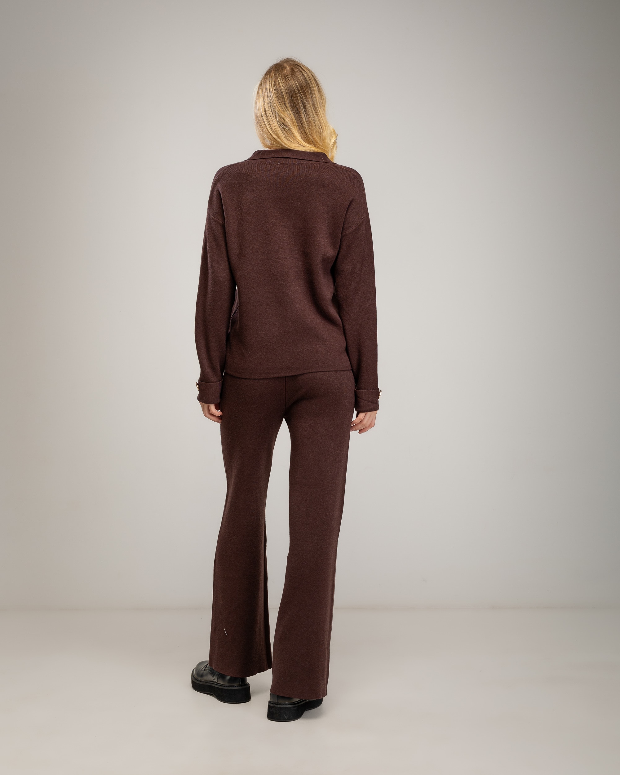 Conjunto de punto fino de mujer con jersey de cuello tipo polo y pantalon - Tantra - Marrón Marrón-2