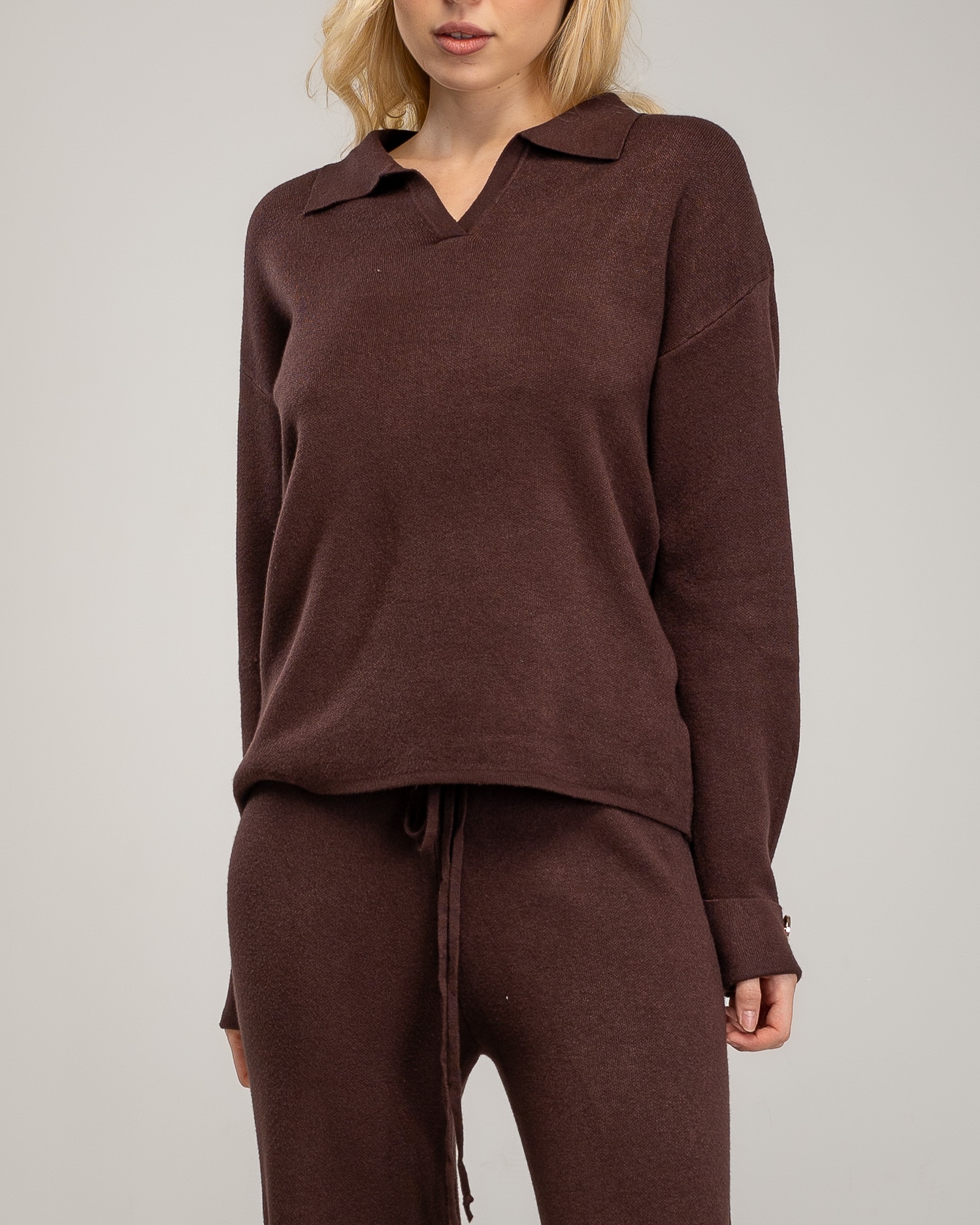Conjunto de punto fino de mujer con jersey de cuello tipo polo y pantalon - Tantra - Marrón Marrón-3