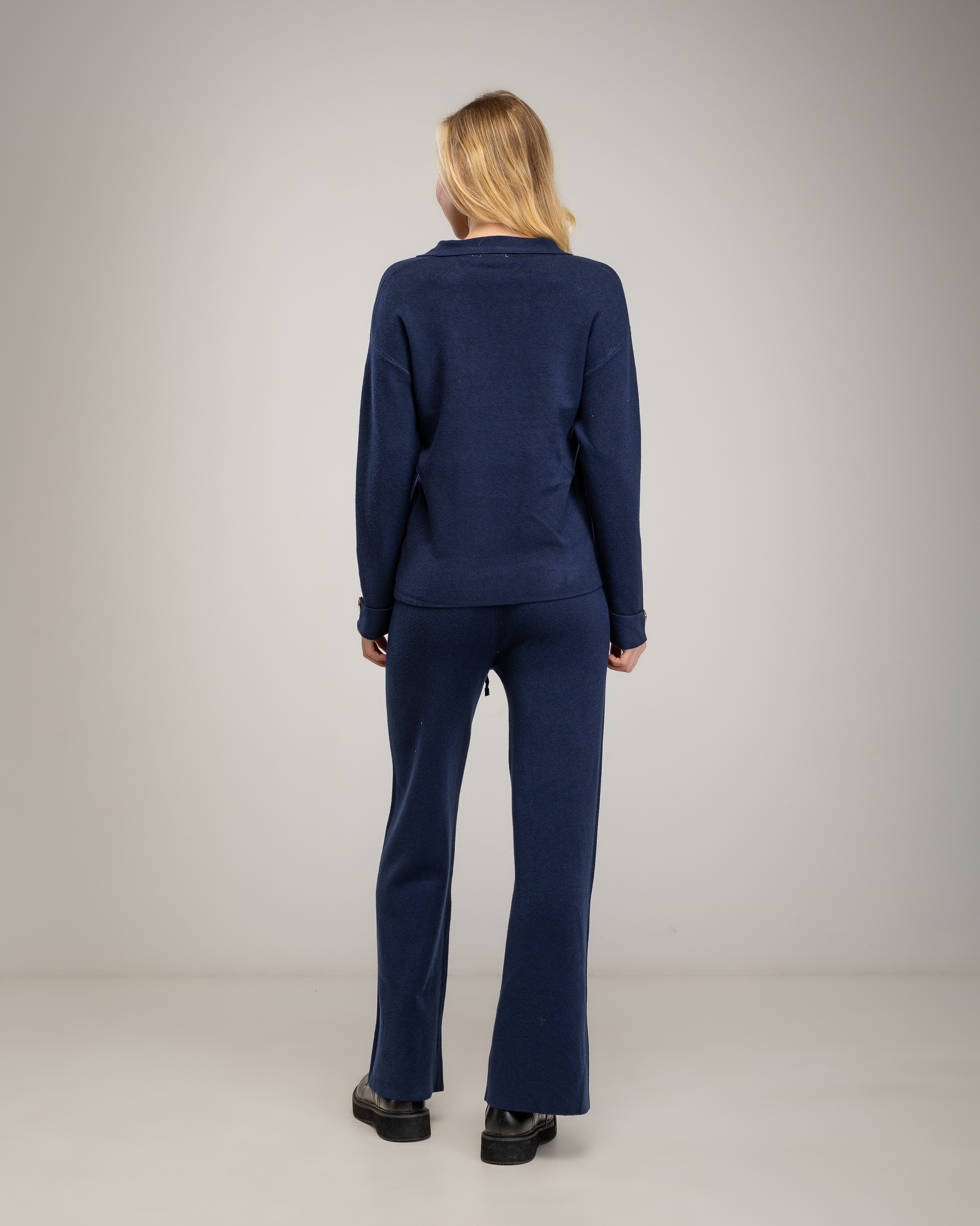 Conjunto de punto fino de mujer con jersey de cuello tipo polo y pantalon - Tantra - Azul marino Azul marino-2