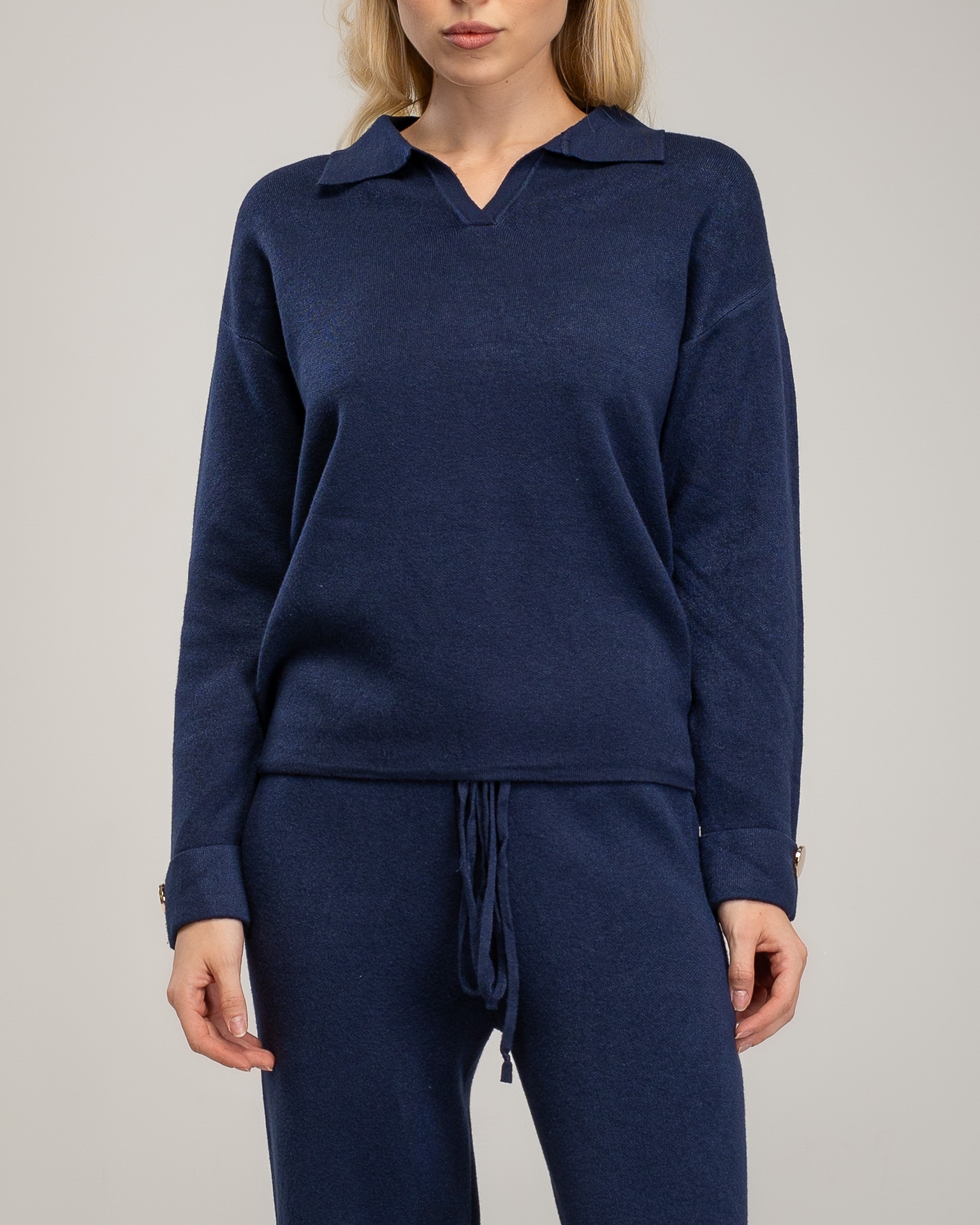Conjunto de punto fino de mujer con jersey de cuello tipo polo y pantalon - Tantra - Azul marino Azul marino-3
