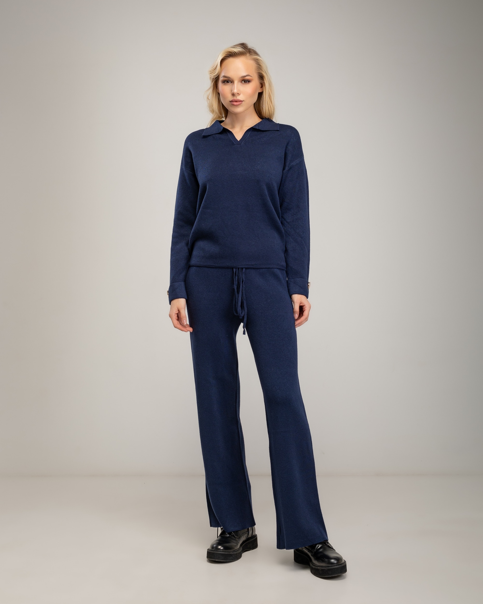 Conjunto de punto fino de mujer con jersey de cuello tipo polo y pantalon - Tantra - Azul marino Azul marino-4
