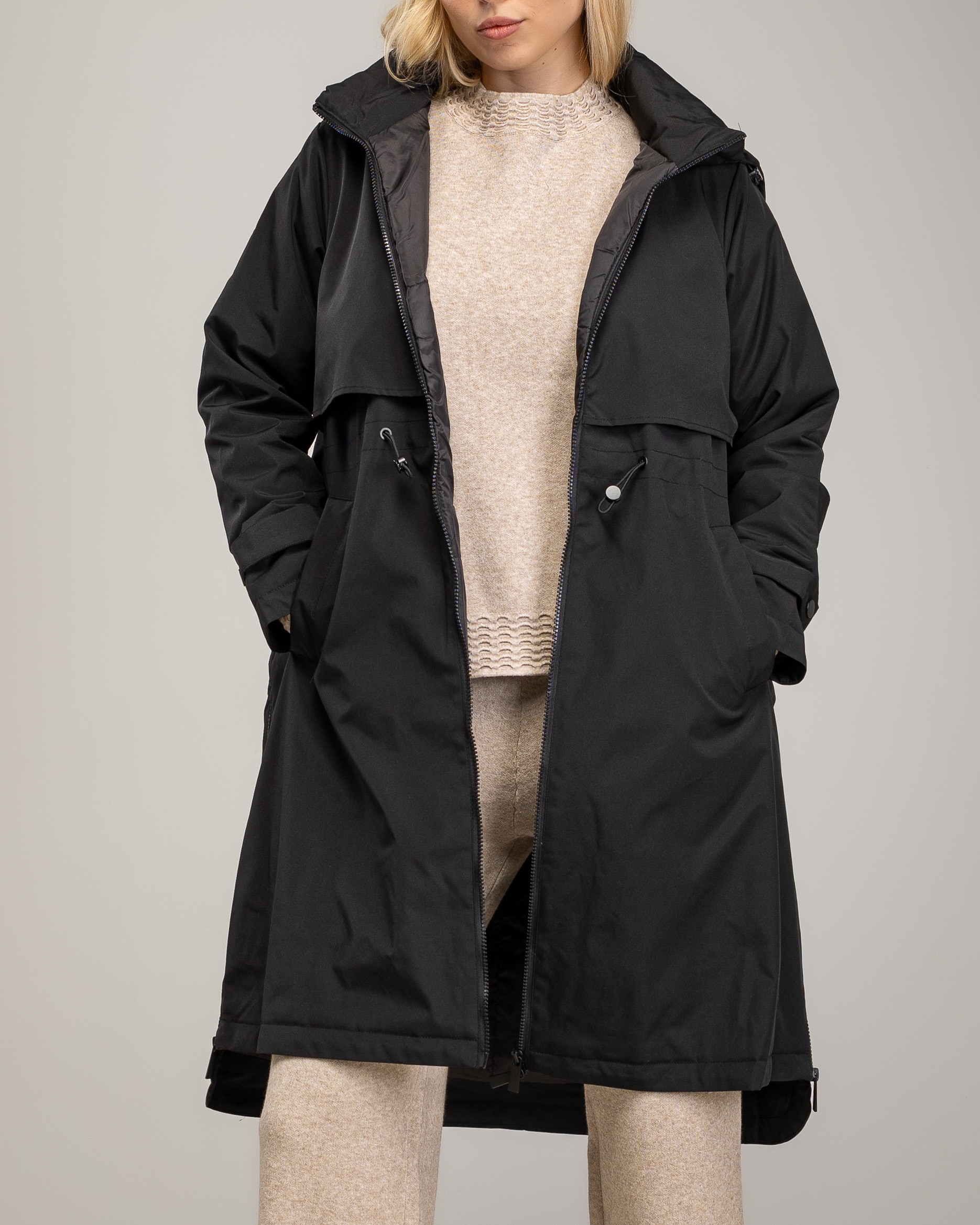 Parka de mujer larga con capucha y cierre de cremallera - Tantra - Negro Negro-3