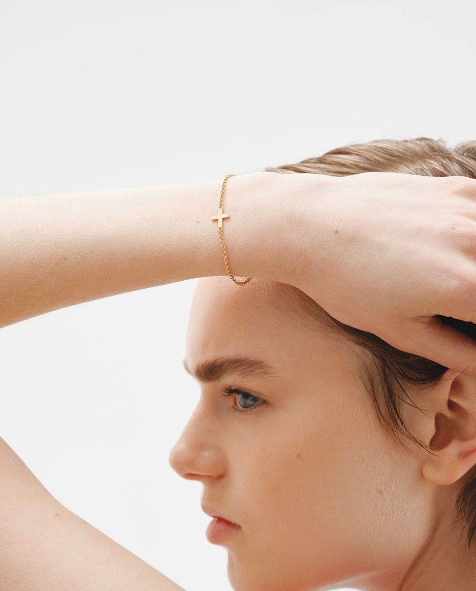 Pulsera de plata 925 bañada en oro amarillo de 18K con cruz Oro-2