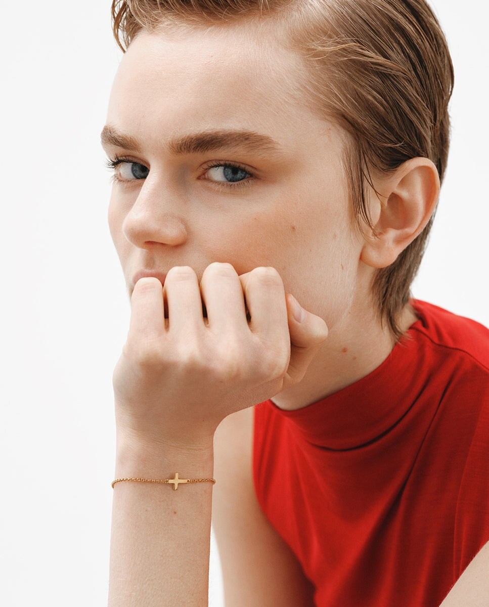 Pulsera de plata 925 bañada en oro amarillo de 18K con cruz Oro-4