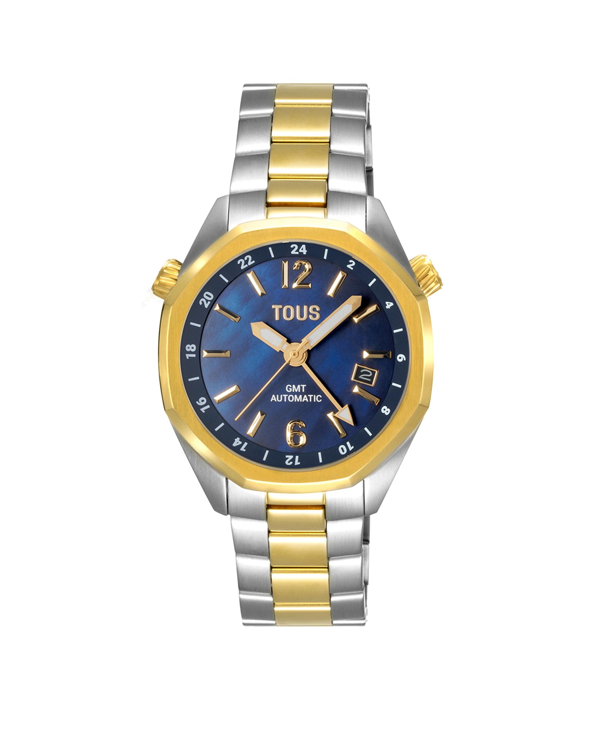 Reloj analógico automático tous now con esfera de nácar azul y brazalete de acero bicolor