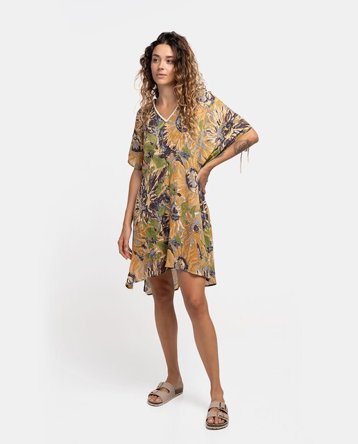 Imagen 0 de Caftán de viscosa Oceans Diary con estampado floral en ámbar
