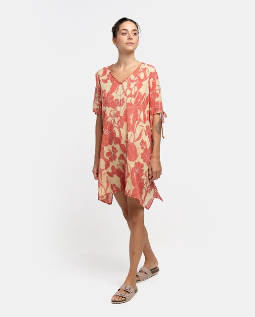 Imagen 0 de Caftán de algodón Oceans Diary con estampado floral en coral