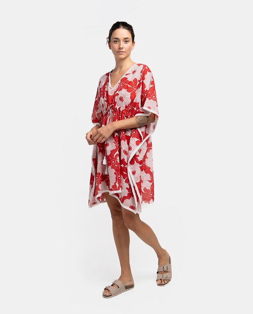 Imagen 0 de Caftán de algodón Oceans Diary con estampado floral en blanco y rojo