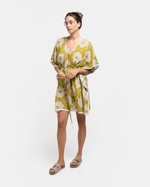 Imagen 0 de Caftán de algodón Oceans Diary con estampado floral en blanco y verde