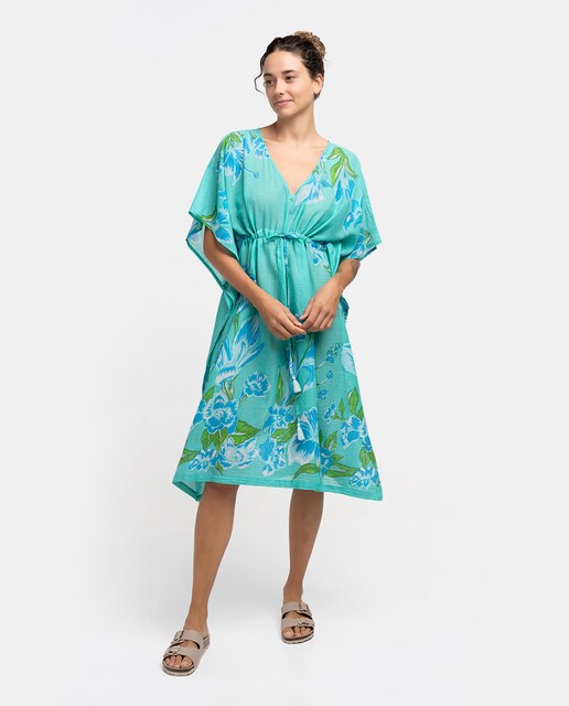 Imagen 0 de Caftán de algodón Oceans Diary con estampado floral en turquesa