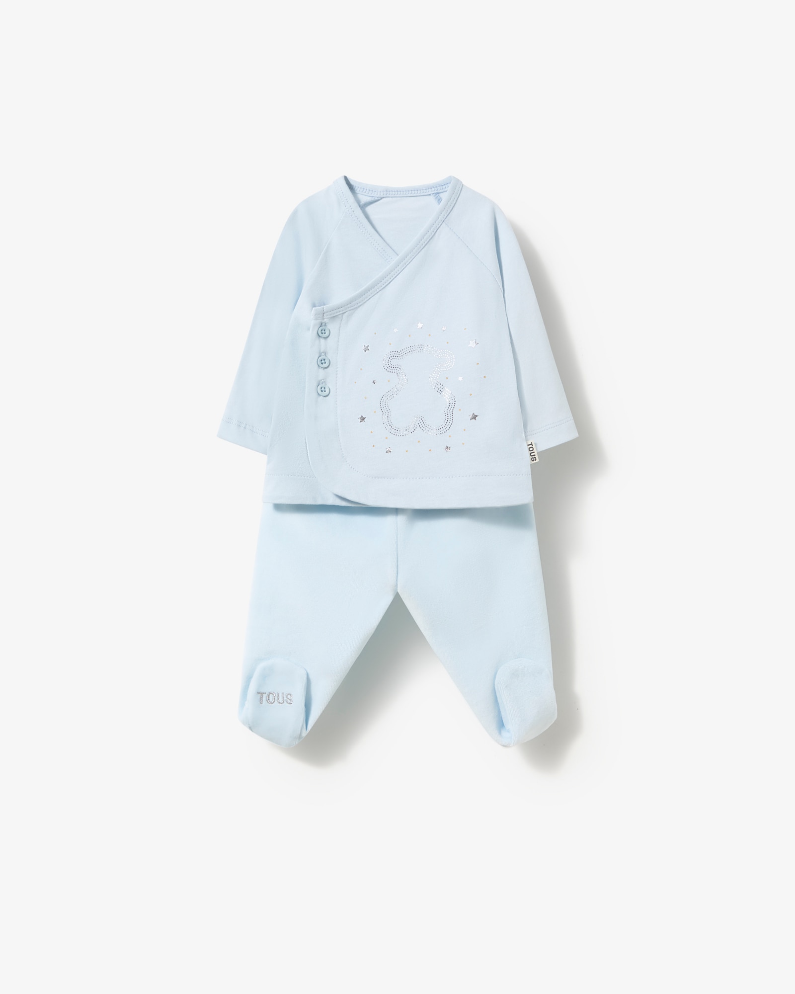 Imagen 0 de Conjunto de bebé niño en algodón estampado, combinado con tundosado liso Azul claro