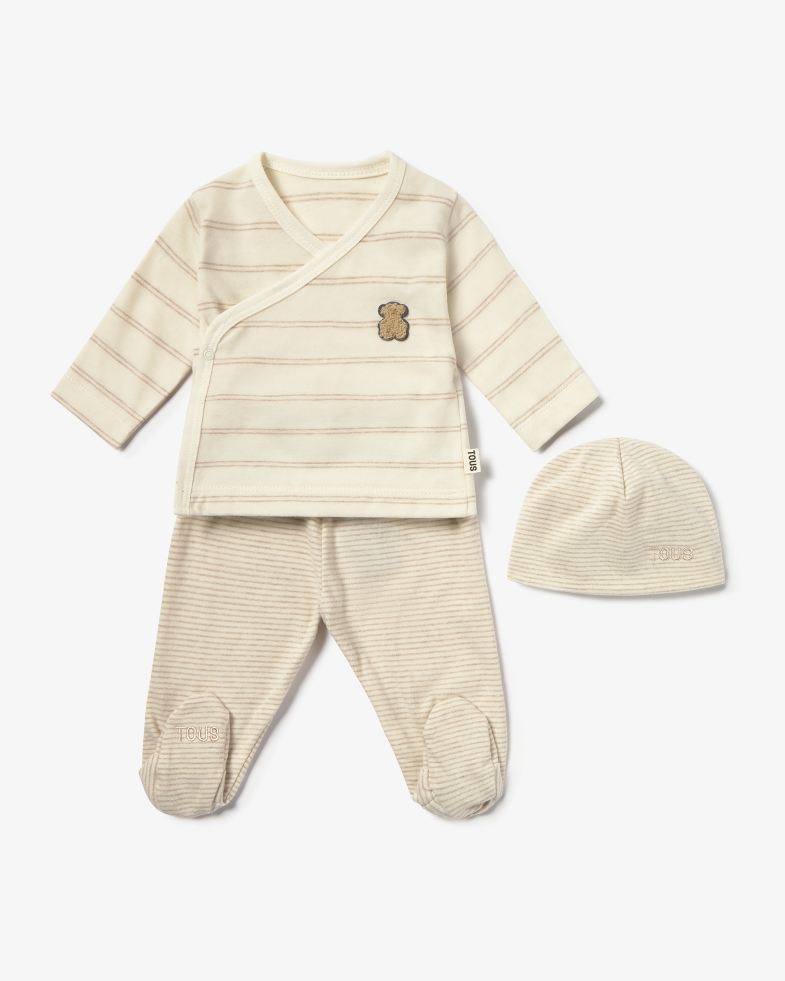 Set de bebé niño primera puesta de algodón con gorro, camiseta cruzada y polaina - Tous - Beige Beige-1