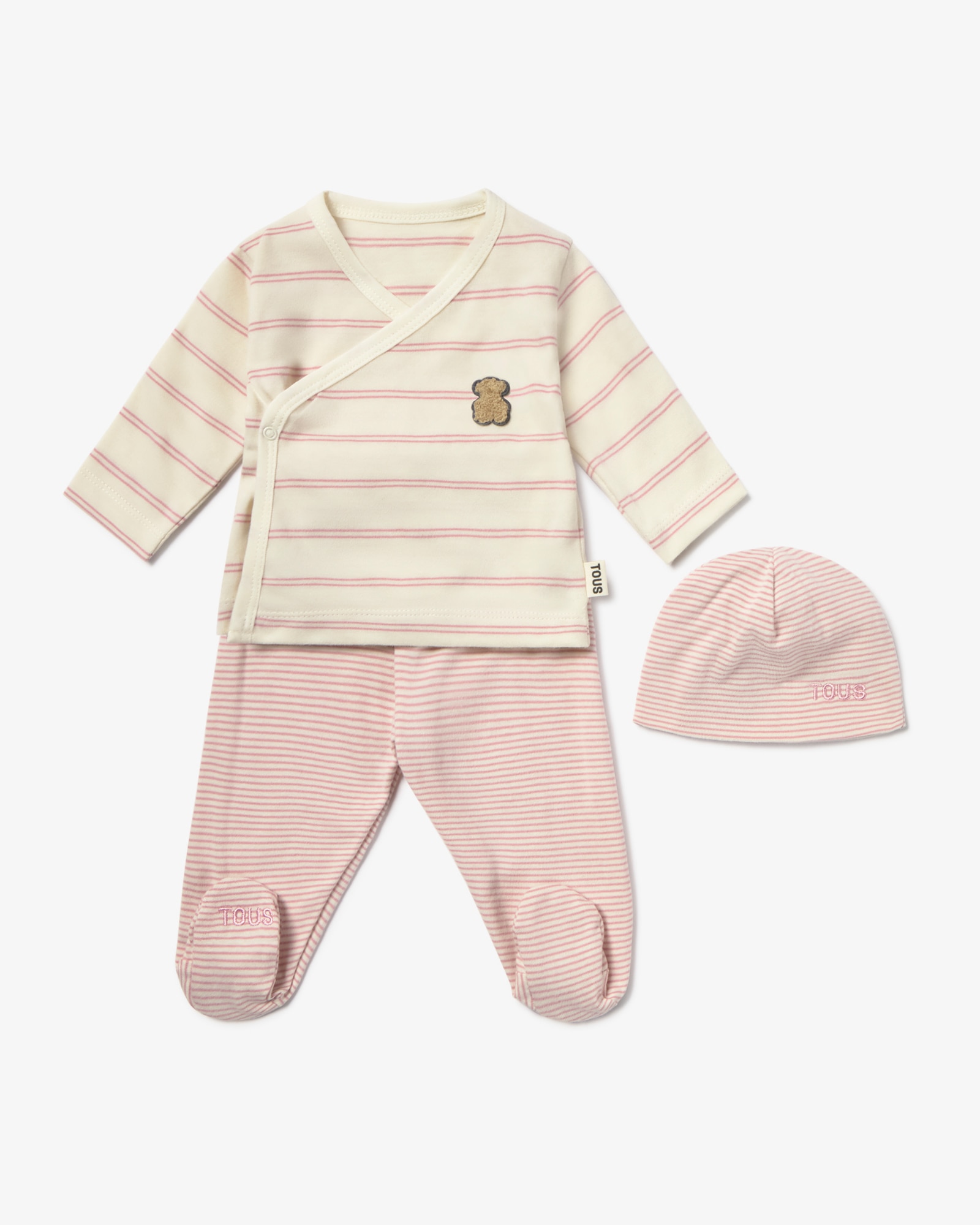 Imagen 0 de Set de bebé niño primera puesta de algodón con gorro, camiseta cruzada y polaina Rosa