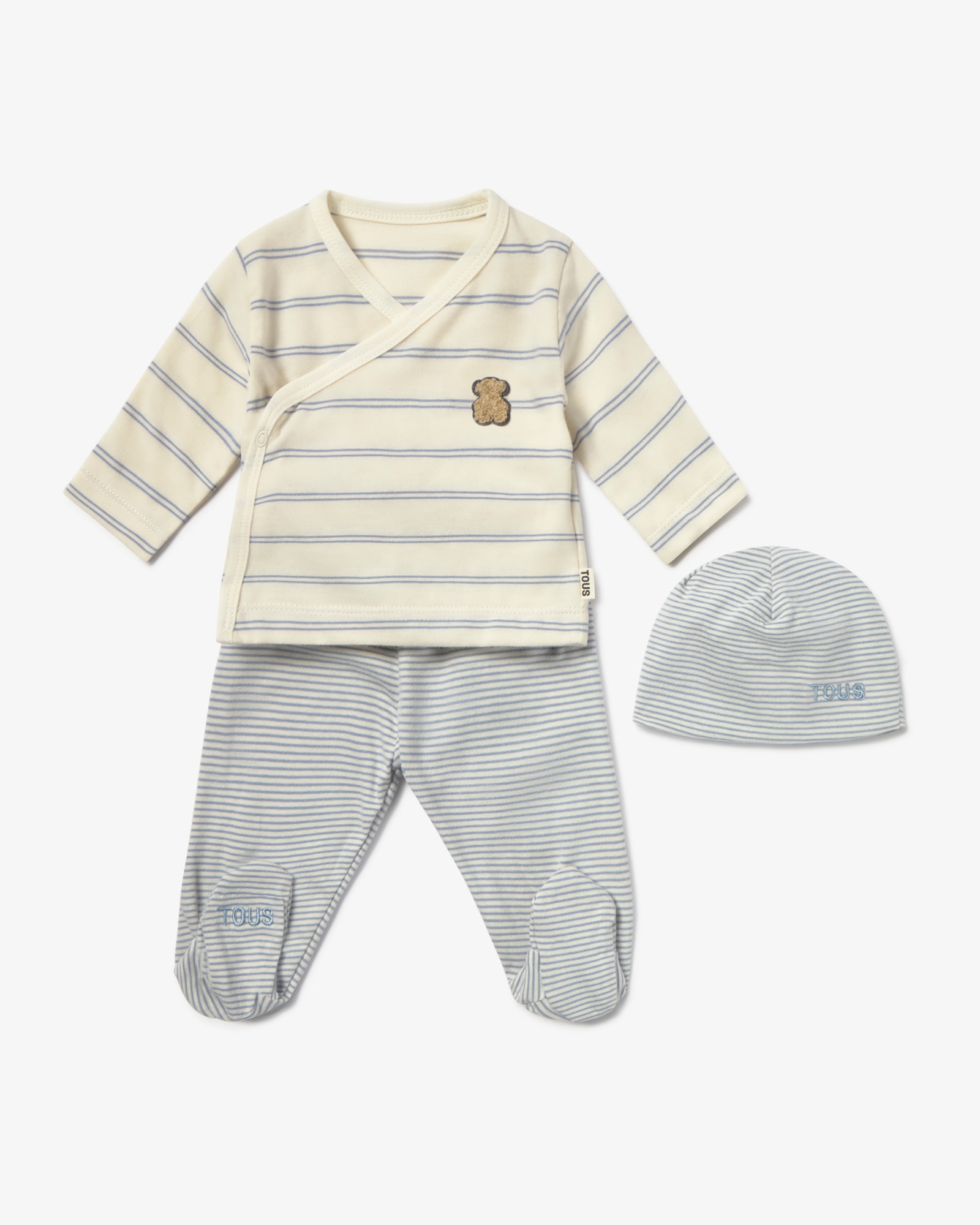 Set de bebé niño primera puesta de algodón con gorro, camiseta cruzada y polaina - Tous - Azul claro Azul claro-1