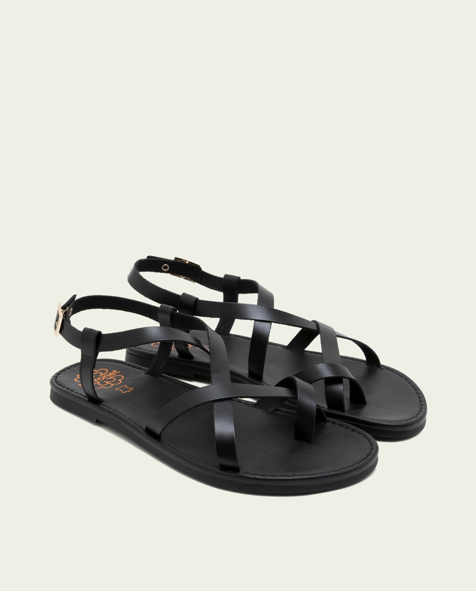 Sandalias de dedo de mujer de piel con hebilla - Porronet - Negro Negro-3