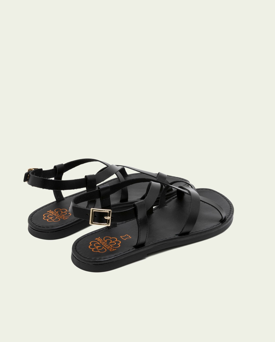 Sandalias de dedo de mujer de piel con hebilla - Porronet - Negro Negro-2