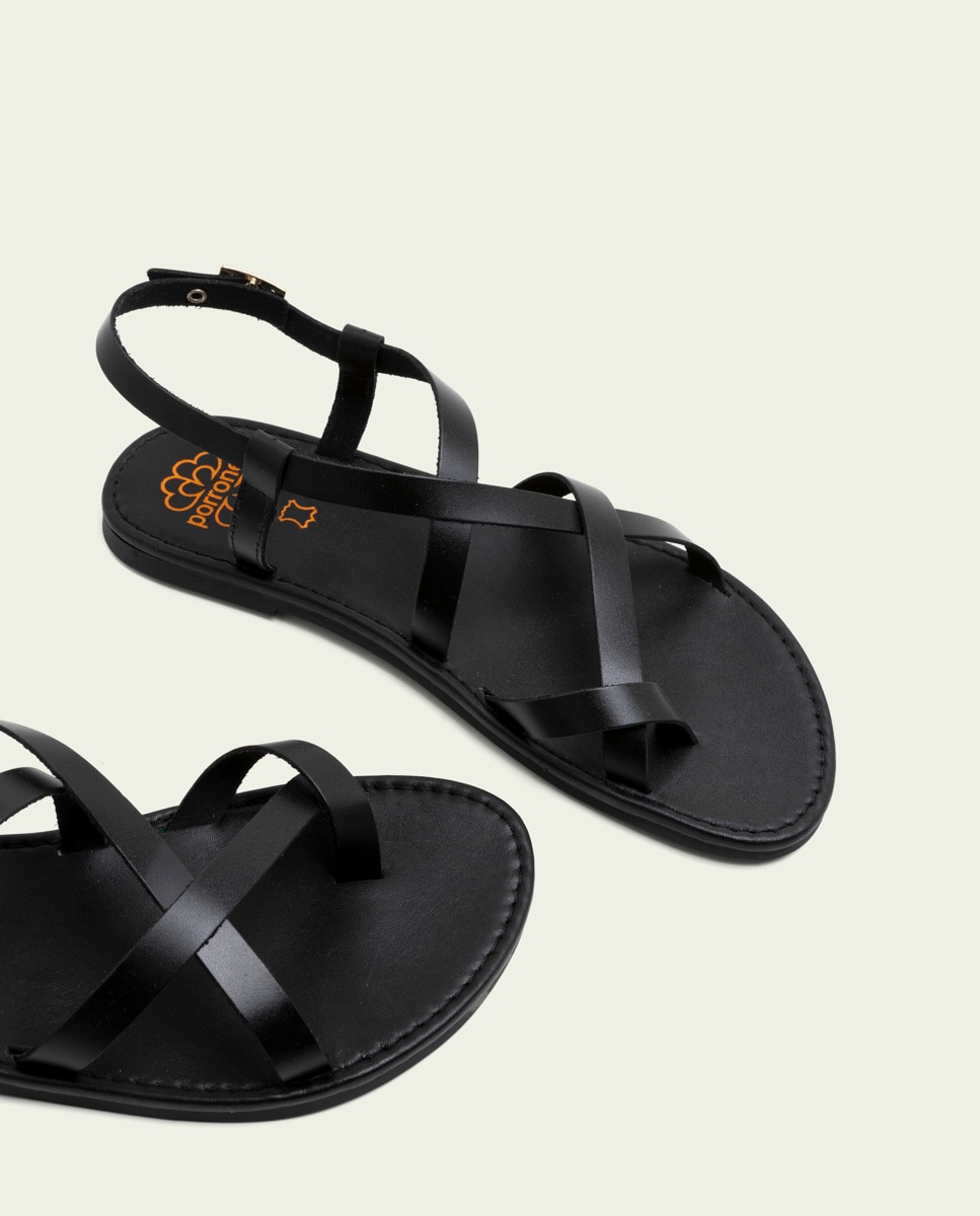 Sandalias de dedo de mujer de piel con hebilla - Porronet - Negro Negro-4