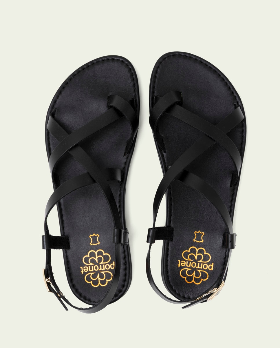 Sandalias de dedo de mujer de piel con hebilla - Porronet - Negro Negro-5