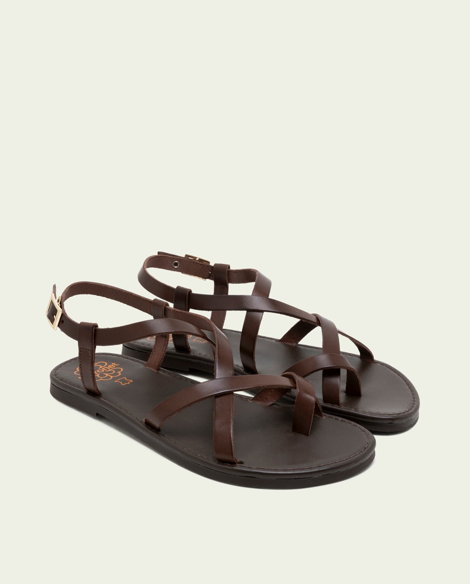 Sandalias de dedo de mujer de piel con hebilla - Porronet - Marrón oscuro Marrón oscuro-3