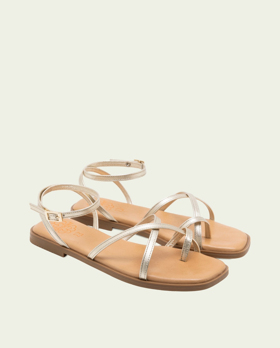Sandalias de dedo de tiras de mujer de piel con hebilla - Porronet - Dorado Dorado-3