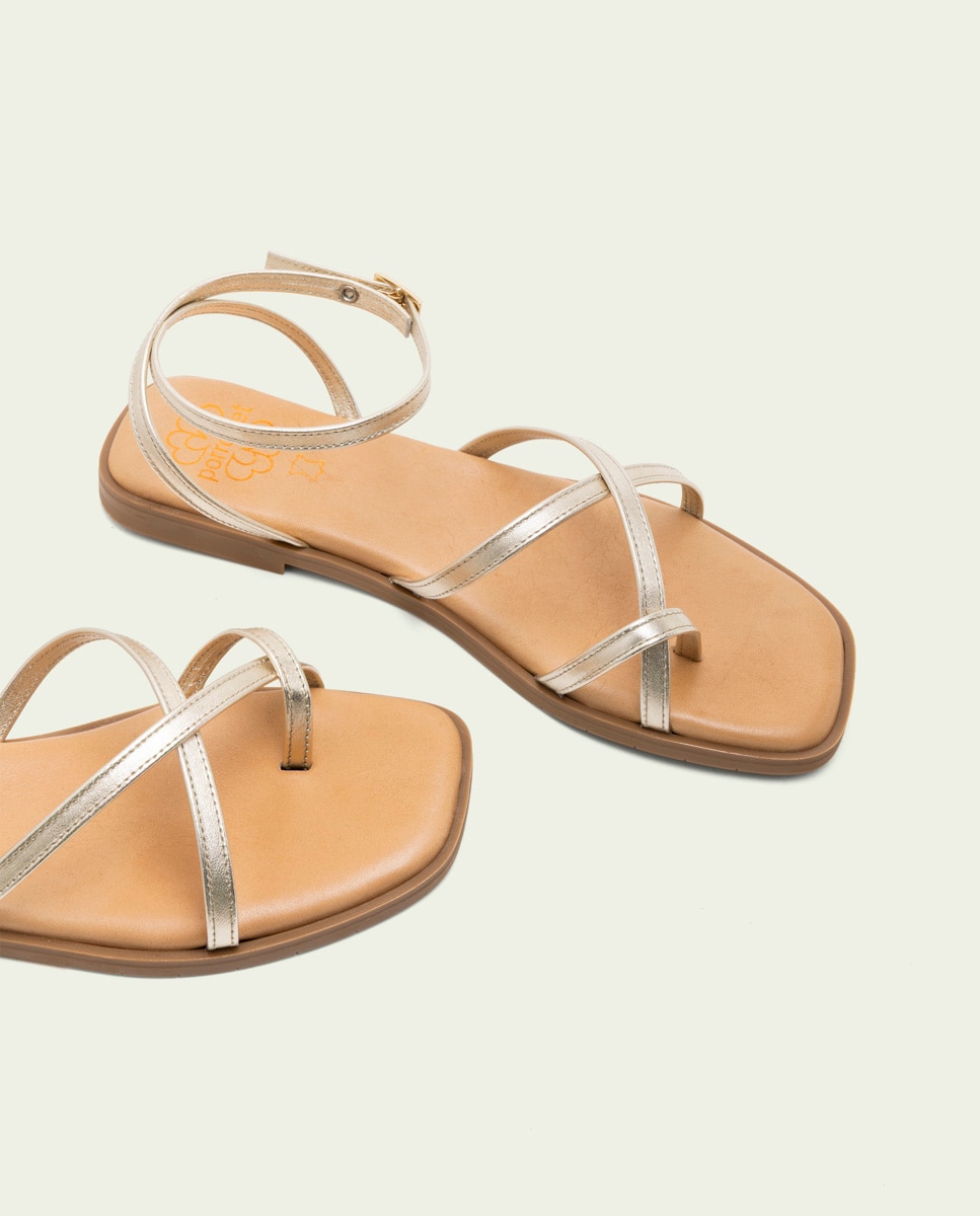 Sandalias de dedo de tiras de mujer de piel con hebilla - Porronet - Dorado Dorado-4
