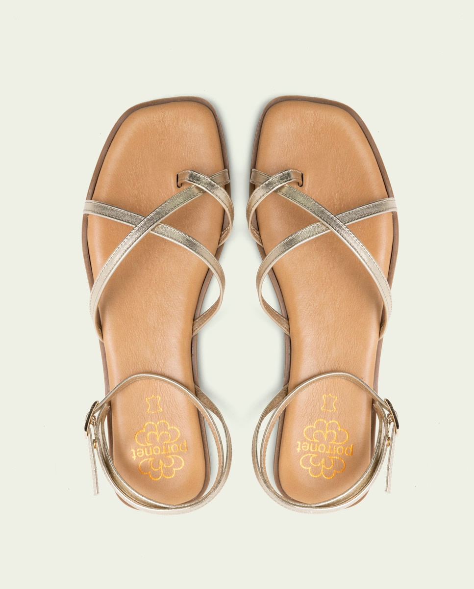 Sandalias de dedo de tiras de mujer de piel con hebilla - Porronet - Dorado Dorado-5