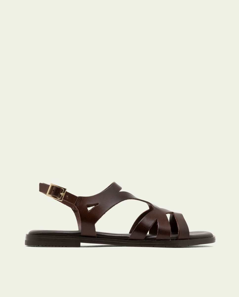 Sandalias en piel troquelada de mujer con hebilla - Porronet - Marrón oscuro Marrón oscuro-1