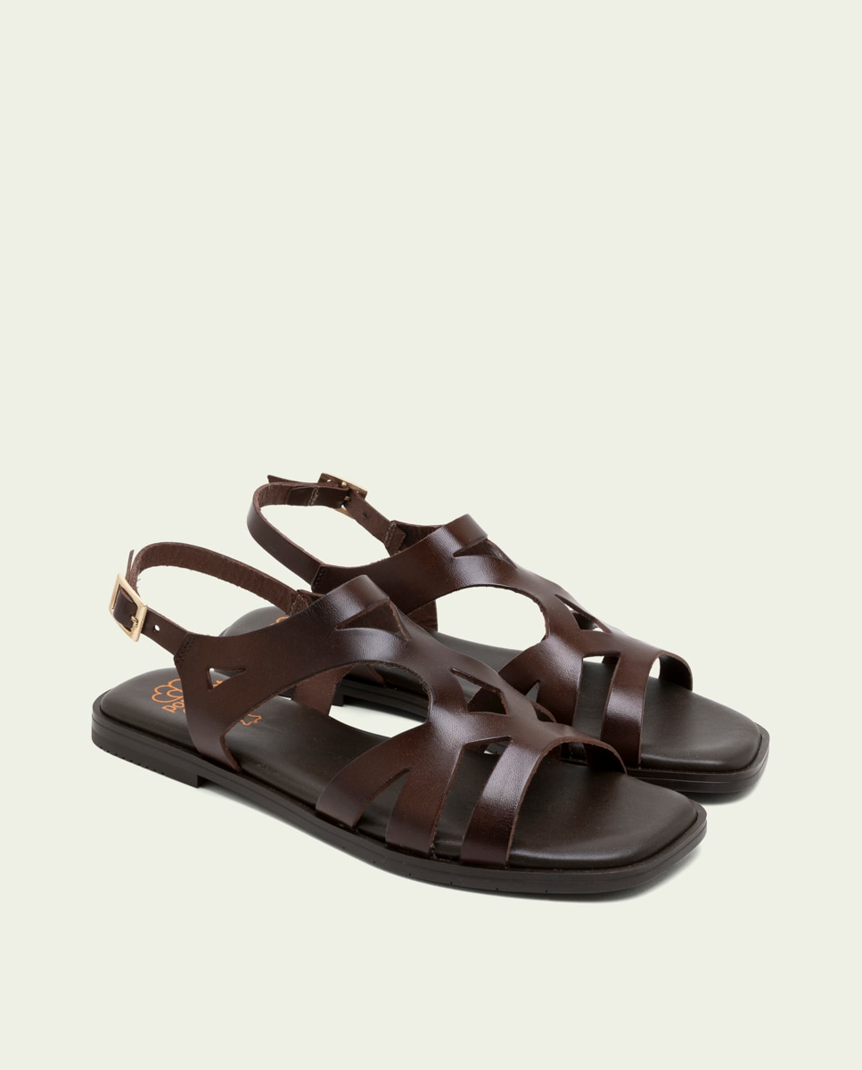 Sandalias en piel troquelada de mujer con hebilla - Porronet - Marrón oscuro Marrón oscuro-3