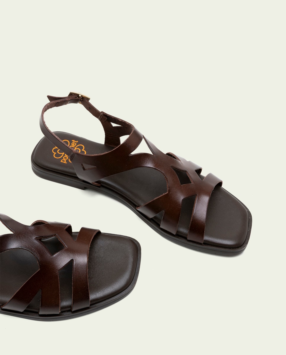 Sandalias en piel troquelada de mujer con hebilla - Porronet - Marrón oscuro Marrón oscuro-4