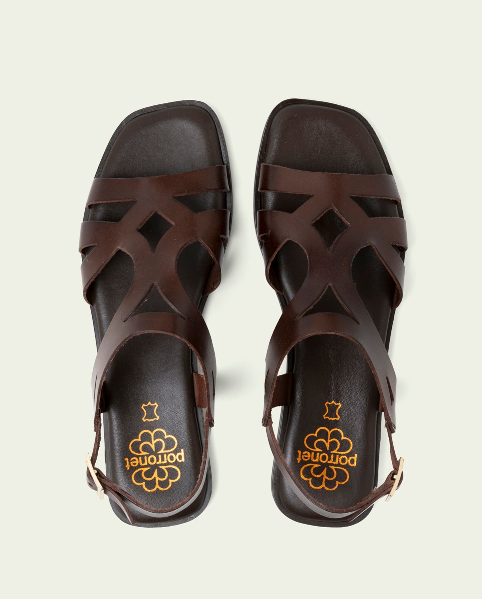 Sandalias en piel troquelada de mujer con hebilla - Porronet - Marrón oscuro Marrón oscuro-5