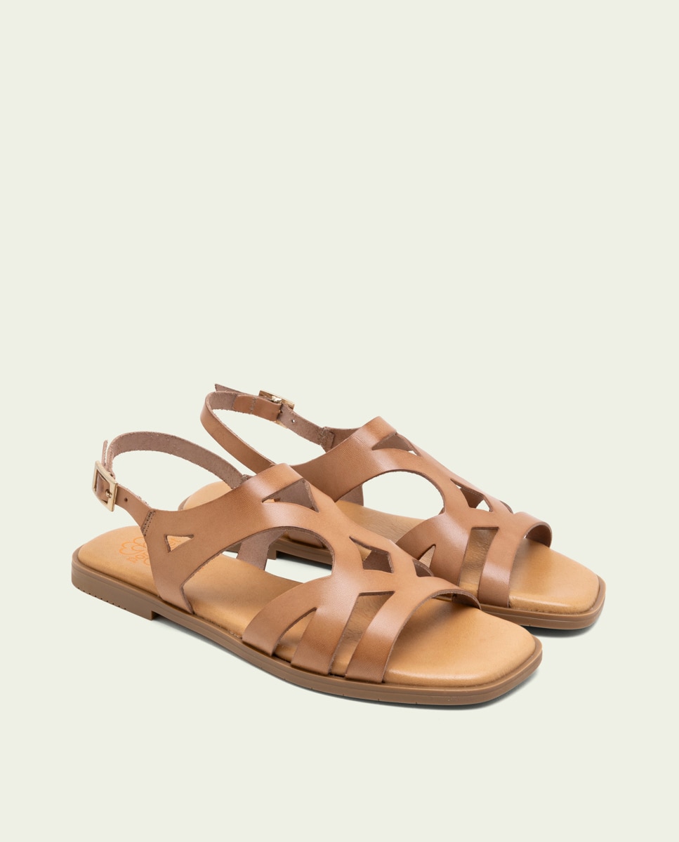 Sandalias en piel troquelada de mujer con hebilla - Porronet - Marrón claro Marrón claro-3