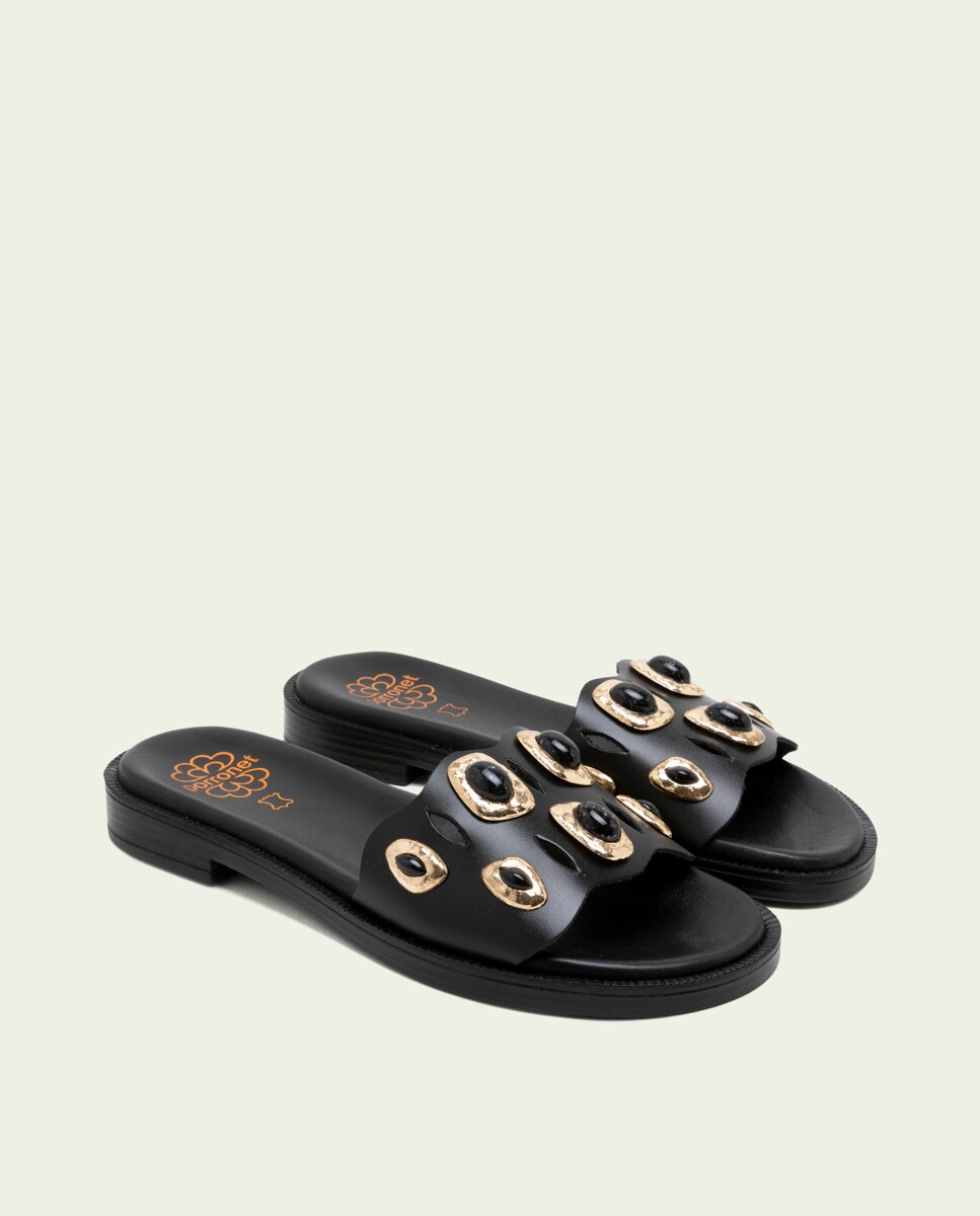 Sandalias destalonada de piel de mujer con adornos - Porronet - Marrón oscuro Negro-3