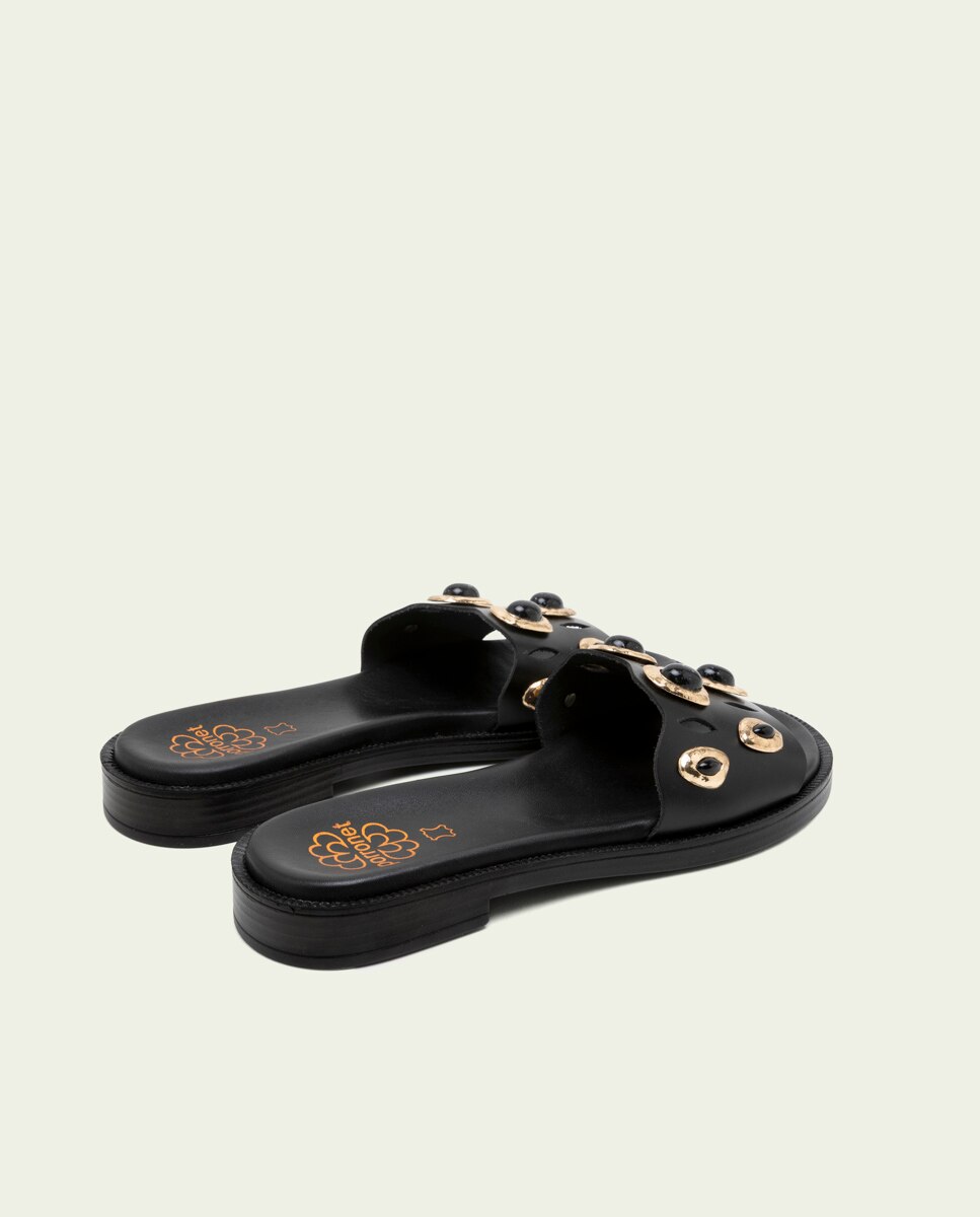 Sandalias destalonada de piel de mujer con adornos - Porronet - Marrón oscuro Negro-2