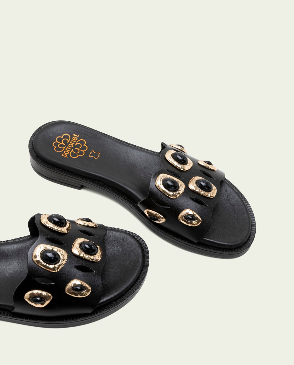 Sandalias destalonada de piel de mujer con adornos - Porronet - Marrón oscuro Negro-4