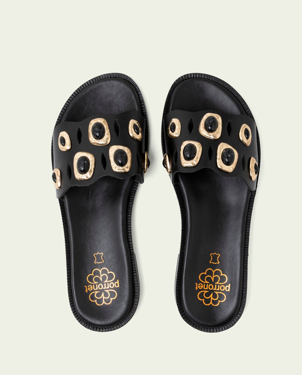 Sandalias destalonada de piel de mujer con adornos - Porronet - Marrón oscuro Negro-5