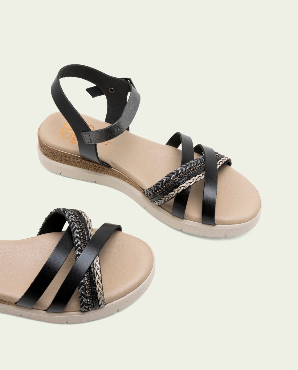 Sandalia de mujer con tiras de piel con hebilla - Porronet - Negro Negro-4