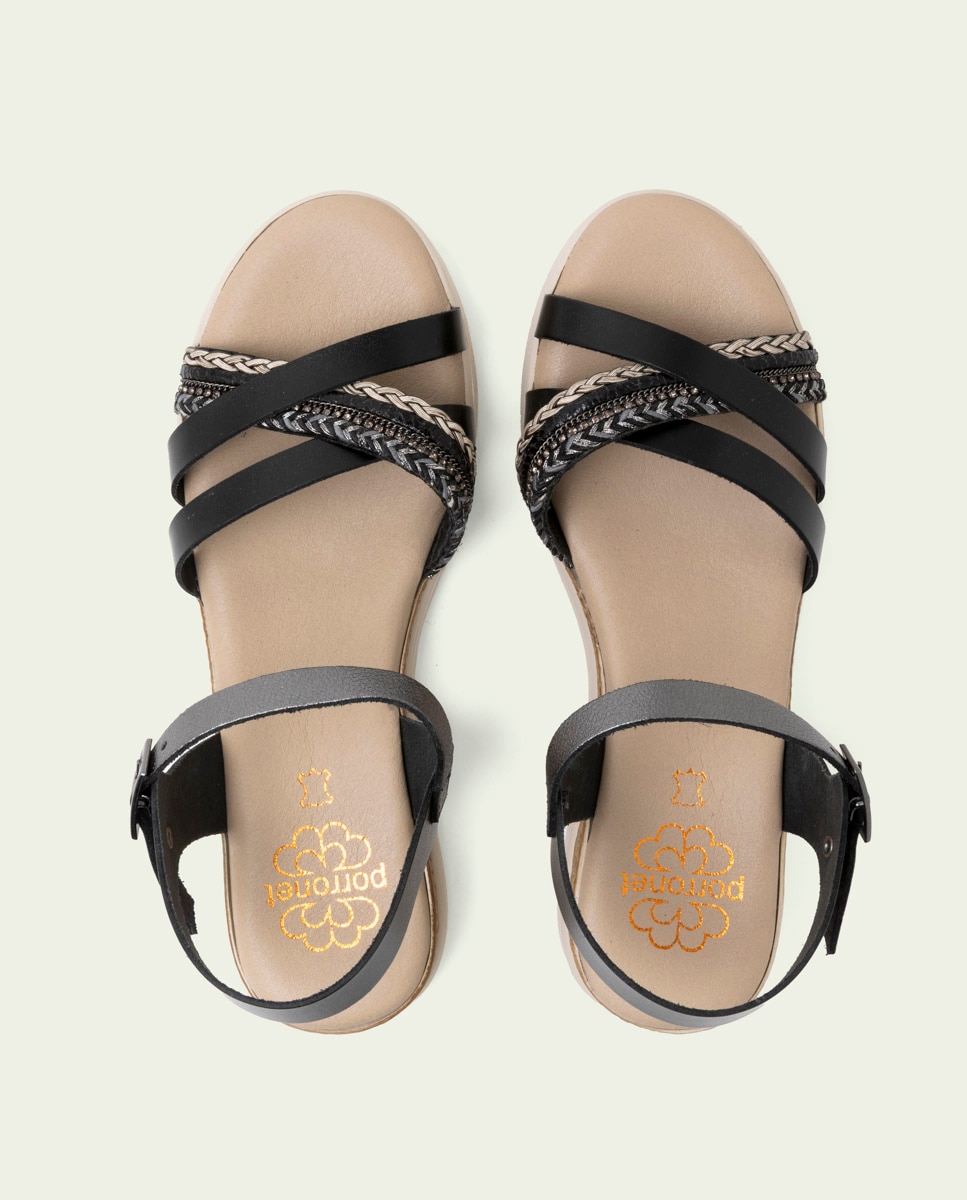 Sandalia de mujer con tiras de piel con hebilla - Porronet - Negro Negro-5