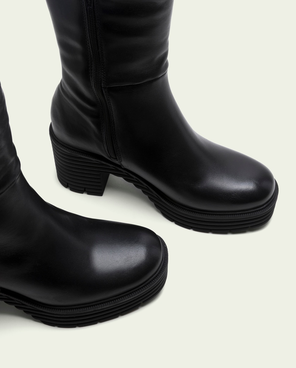 Bota con suela track de mujer de piel con cremallera - Porronet - Negro Negro-4