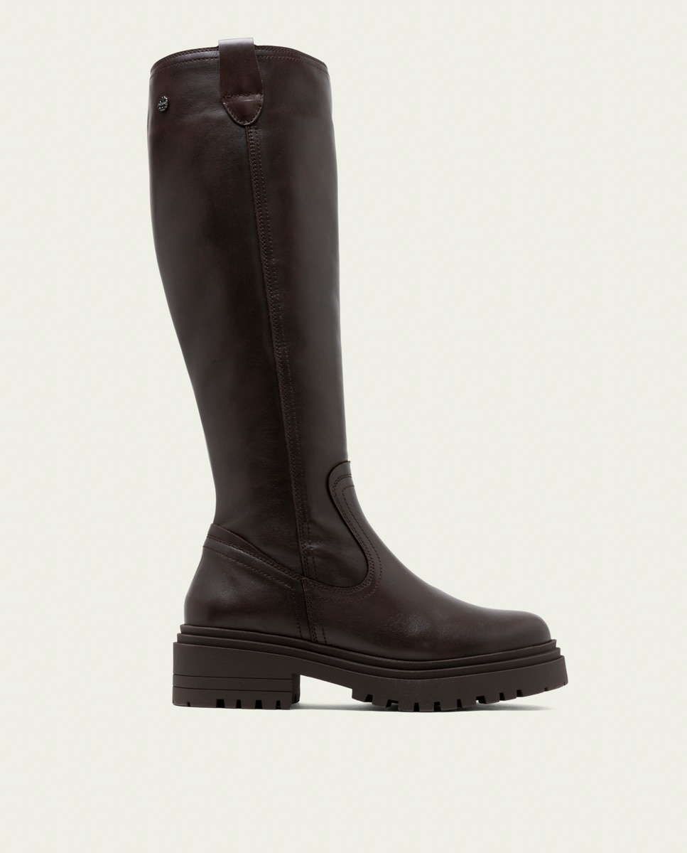 Bota con suela track alta de mujer de piel con cremallera - Porronet - Moka Moka-1