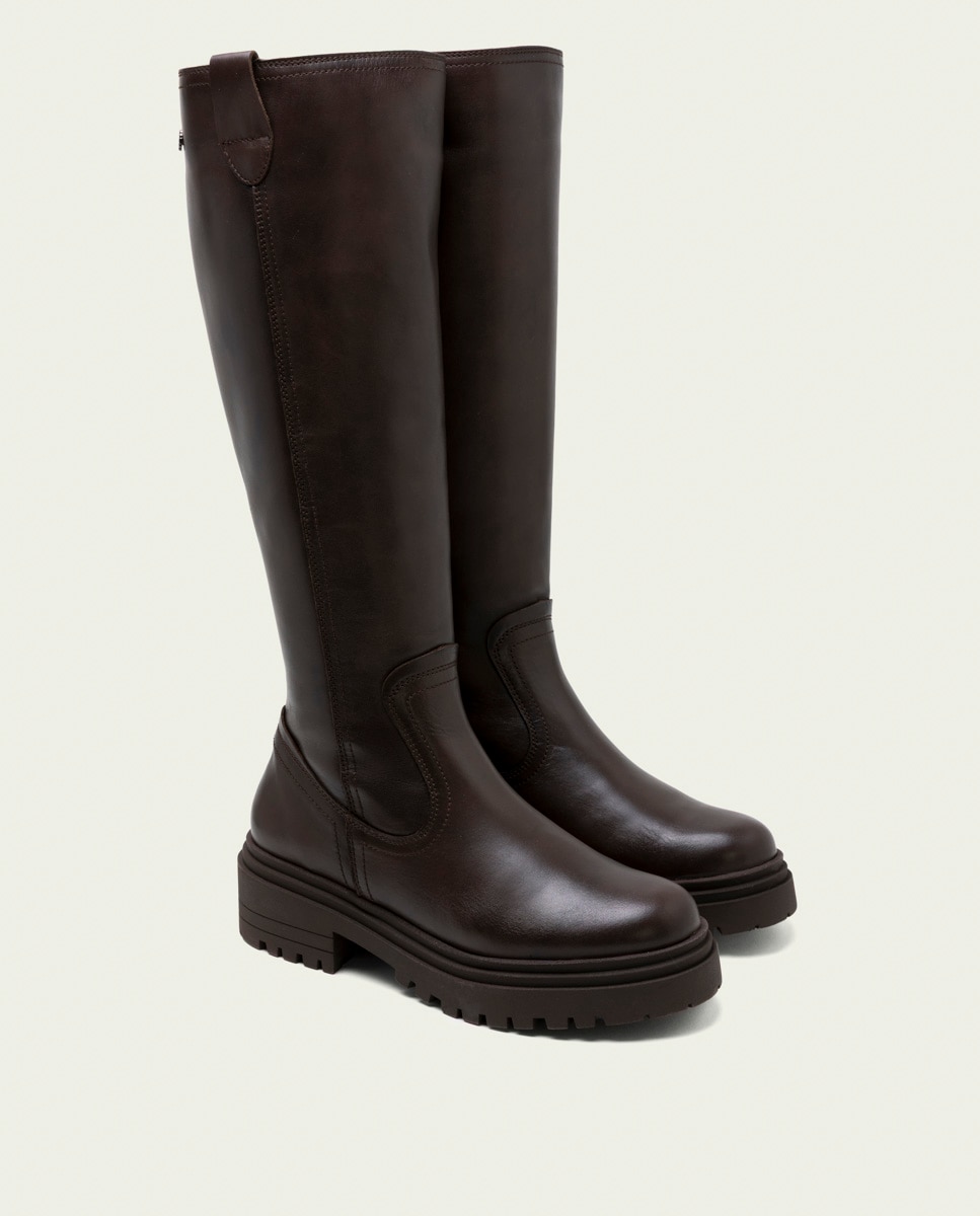 Bota con suela track alta de mujer de piel con cremallera - Porronet - Moka Moka-2