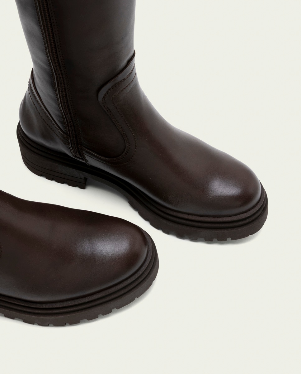 Bota con suela track alta de mujer de piel con cremallera - Porronet - Moka Moka-5