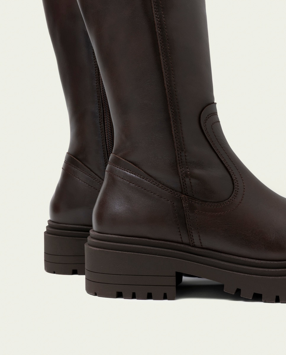 Bota con suela track alta de mujer de piel con cremallera - Porronet - Moka Moka-4