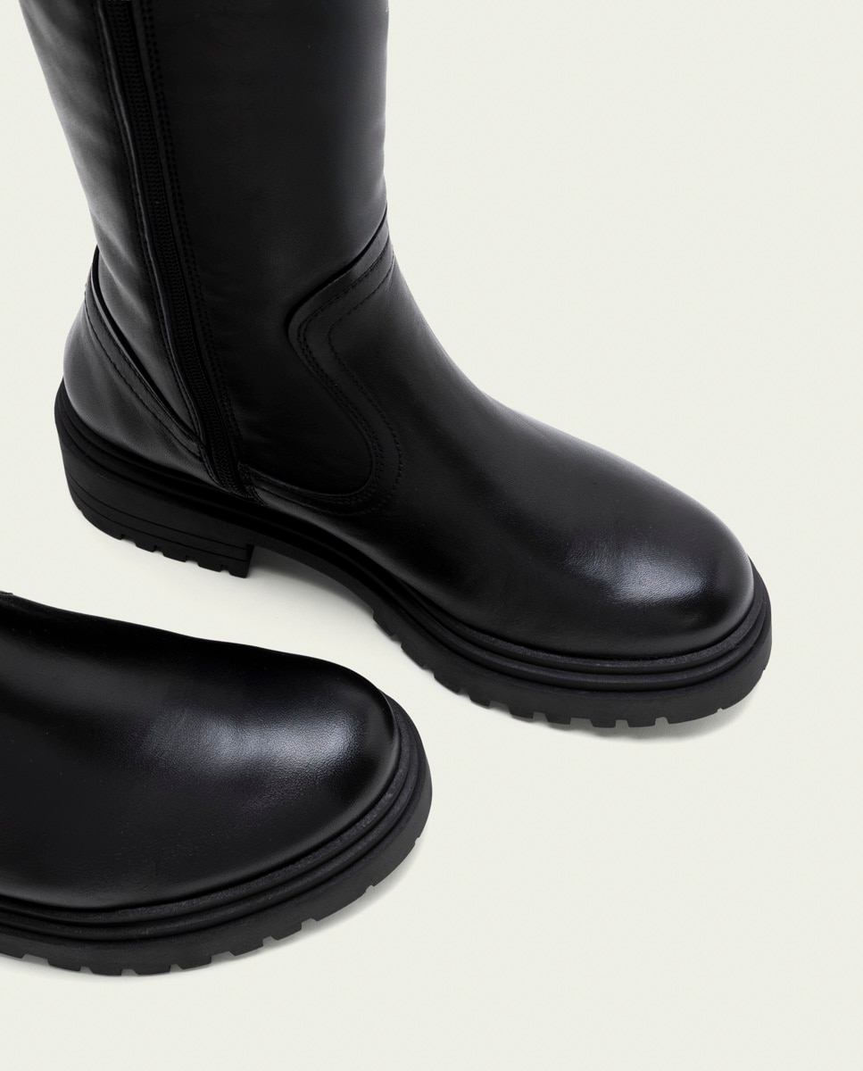 Bota con suela track alta de mujer de piel con cremallera - Porronet - Negro Negro-5