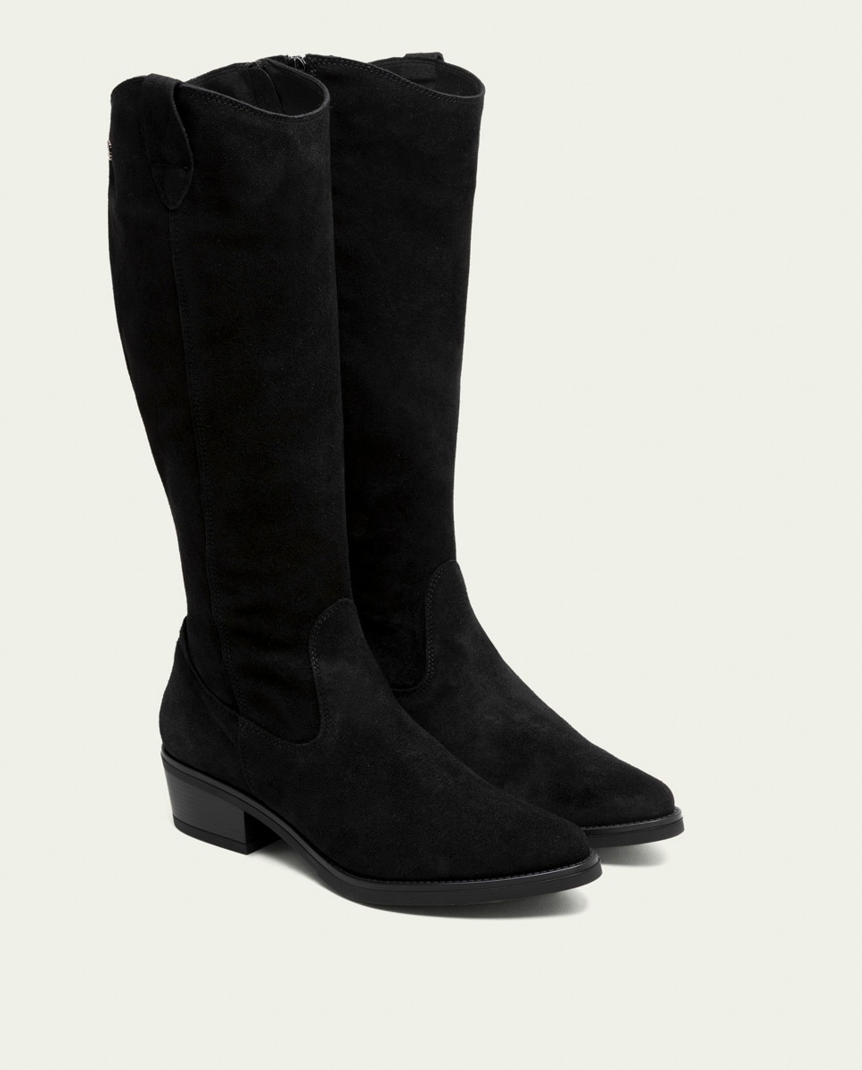 Bota alta de mujer de serraje con cremallera - Porronet - Negro Negro-2